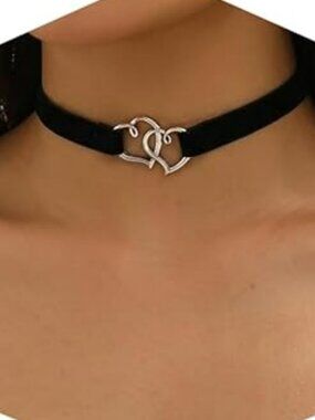 Black Velvet Choker with Double Silver Hearts Goth Punk Rock Necklace